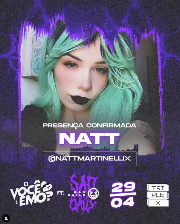 sadbaile's tweet photo. ESTAMOS COM PRESENÇAS CONFIRMADAS!!! Vêm curtir nosso rolê 💜

Nossa proxima confirmação é a @nattmartinellix 🖤💣

Bora colar no rolê com a gente! Os ingressos já estão esgotando! 🔥USE O CUPOM ``natt`` E GANHE 30% OFF https://t.co/drn8EMnEg5