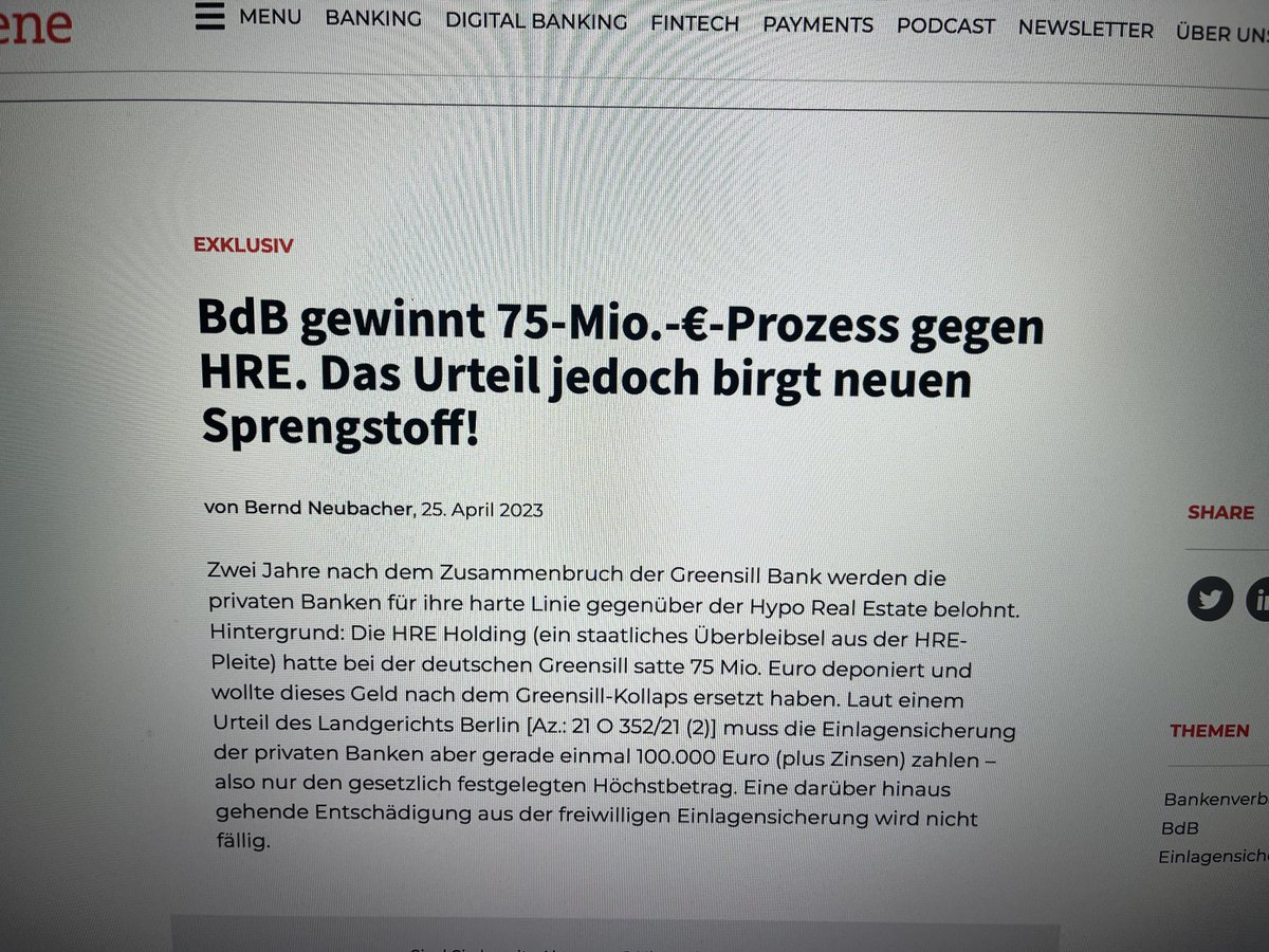 neubacher_b's tweet photo. #BdB #Einlagensicherung #Greensill #HRE Holding #Bankenverband Die HRE Holding verliert vor dem Landgericht Berlin den 75 Mio. Euro schweren Rechtsstreit mit dem Bankenverband um eine Entschädigung ihrer Einlage bei der Greensill Bank. https://t.co/gFGEdl2a6q