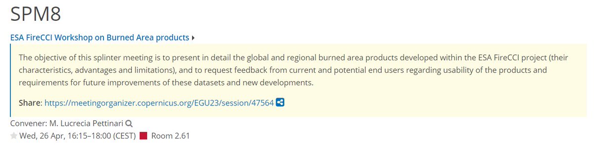 CAlbergel's tweet photo. 🚨The @esaclimate 🔥#FireCCI 🔥project will have its user workshop this afternoon (Wed. 26 Apr. 16:15 Room 2.61) during #EGU2023! See you there!🌏🌎🌍🛰️💪🔥
👉https://t.co/6UbN8sCF86 https://t.co/dFdNNT5ibN