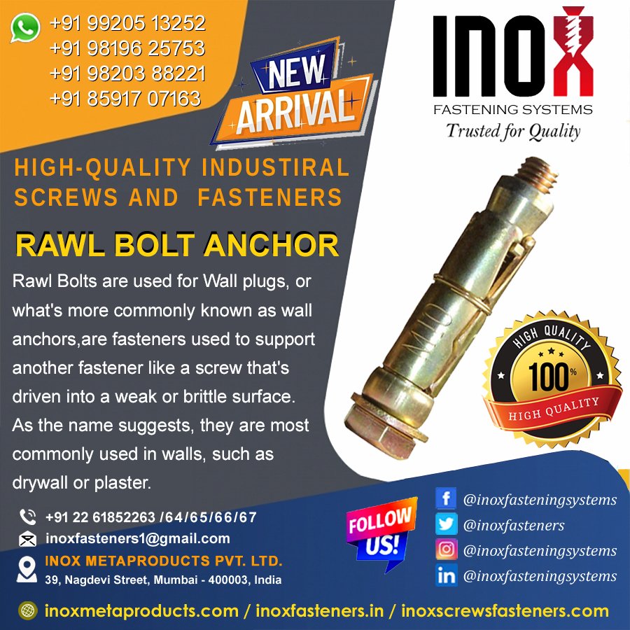 inoxfasteners's tweet photo. INOX FASTENING SYSTEMS
Trusted for Quality
All Types of Industrial Screws and Fasteners 
📲+91 99205 13252 | +91 98196 25753 | +91 98203 88221 |+91 85917 07163
🌐 https://t.co/KCafzechI6 / https://t.co/GLcxOLpgzk / https://t.co/Rq0qbY4yvb
RAWL BOLT ANCHOR FASTENERS
#inoxfasteners https://t.co/LpDMcUOlHw