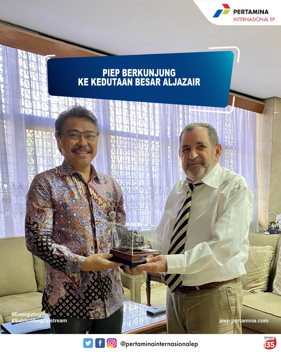 Pertaminapiep's tweet photo. PIEP melakukan kunjungan singkat ke Kedutaan Besar Aljazair di Jakarta, Indonesia. Kunjungan ini membicarakan mengenai perkembangan terkini proses kerjasama dengan mitra PIEP di Aljazair untuk kelanjutan eksistensi Pertamina di negara tersebut.
#PIEP
#Subholdingupstream https://t.co/Urz0xS4X97