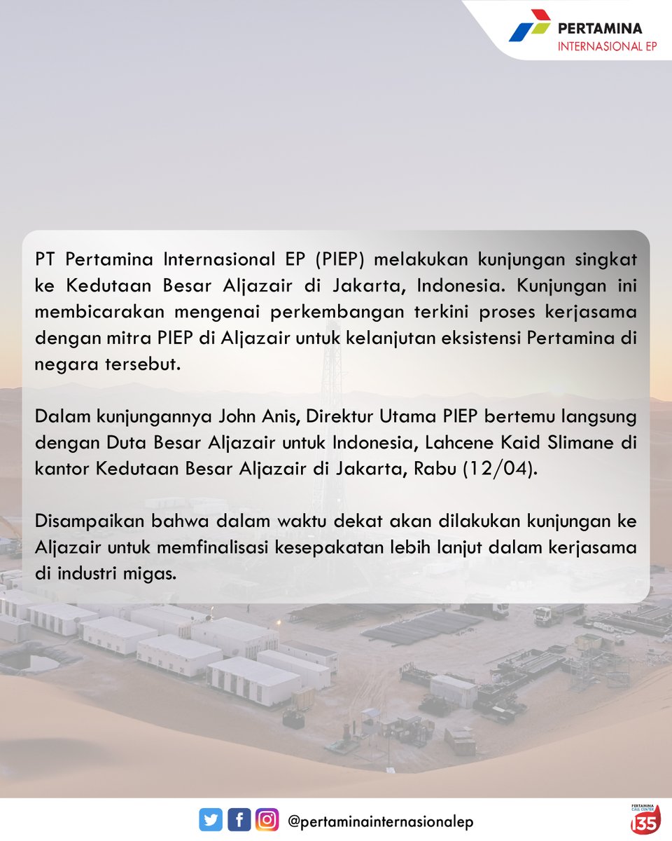 Pertaminapiep's tweet photo. PIEP melakukan kunjungan singkat ke Kedutaan Besar Aljazair di Jakarta, Indonesia. Kunjungan ini membicarakan mengenai perkembangan terkini proses kerjasama dengan mitra PIEP di Aljazair untuk kelanjutan eksistensi Pertamina di negara tersebut.
#PIEP
#Subholdingupstream https://t.co/Urz0xS4X97