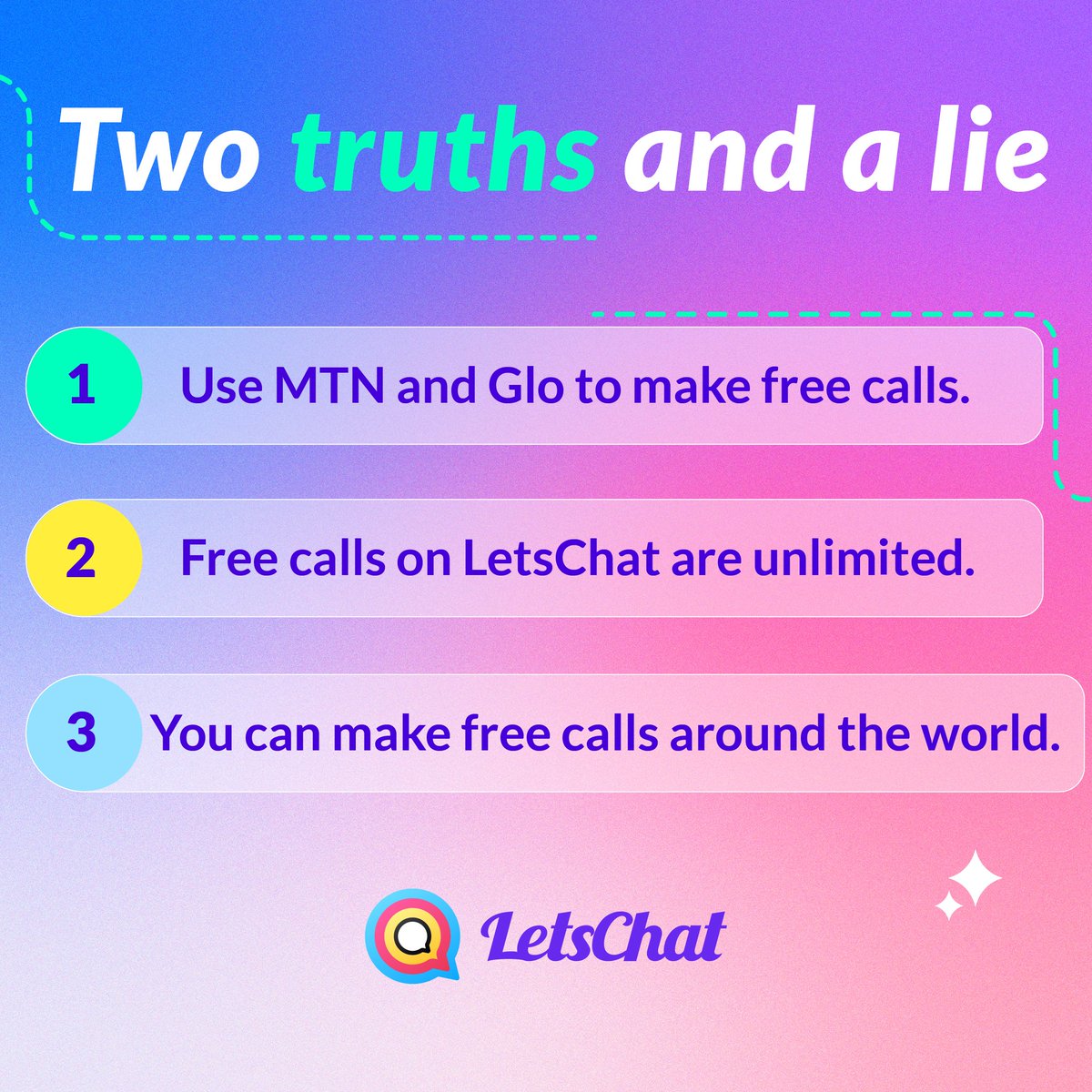 Happy_luckyyyyy's tweet photo. Two truths and a lie π€₯π€‘
What is the lie about freecalls?π€₯
#mazes #puzzles #dailypuzzles #brainteaser #daily #mazegame #mazemaster
Download letsChat π
https://t.co/Vw2QYWrnPz
letsChat is here to stay π₯³πππ
β€οΈ Let's meet π let's share π letsChat π€ https://t.co/GQwb5mqIQZ