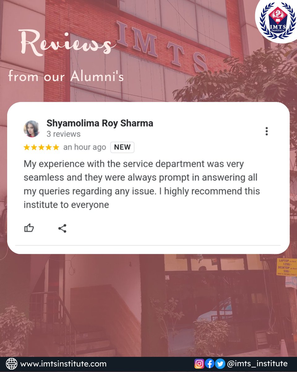 IMTSINSTITUTE's tweet photo. Review from our one of Alumni on Google, Website link in bio-
Follow us for more- @IMTSINSTITUTE
#Review #Feedback #ServiceFeedback #Testimonial #Alumnisreview #GoogleReview #OnlineLearningPlatform #DistanceEducation #IMTSInstitute #IMTSNoida https://t.co/ivd4x8UZZ4