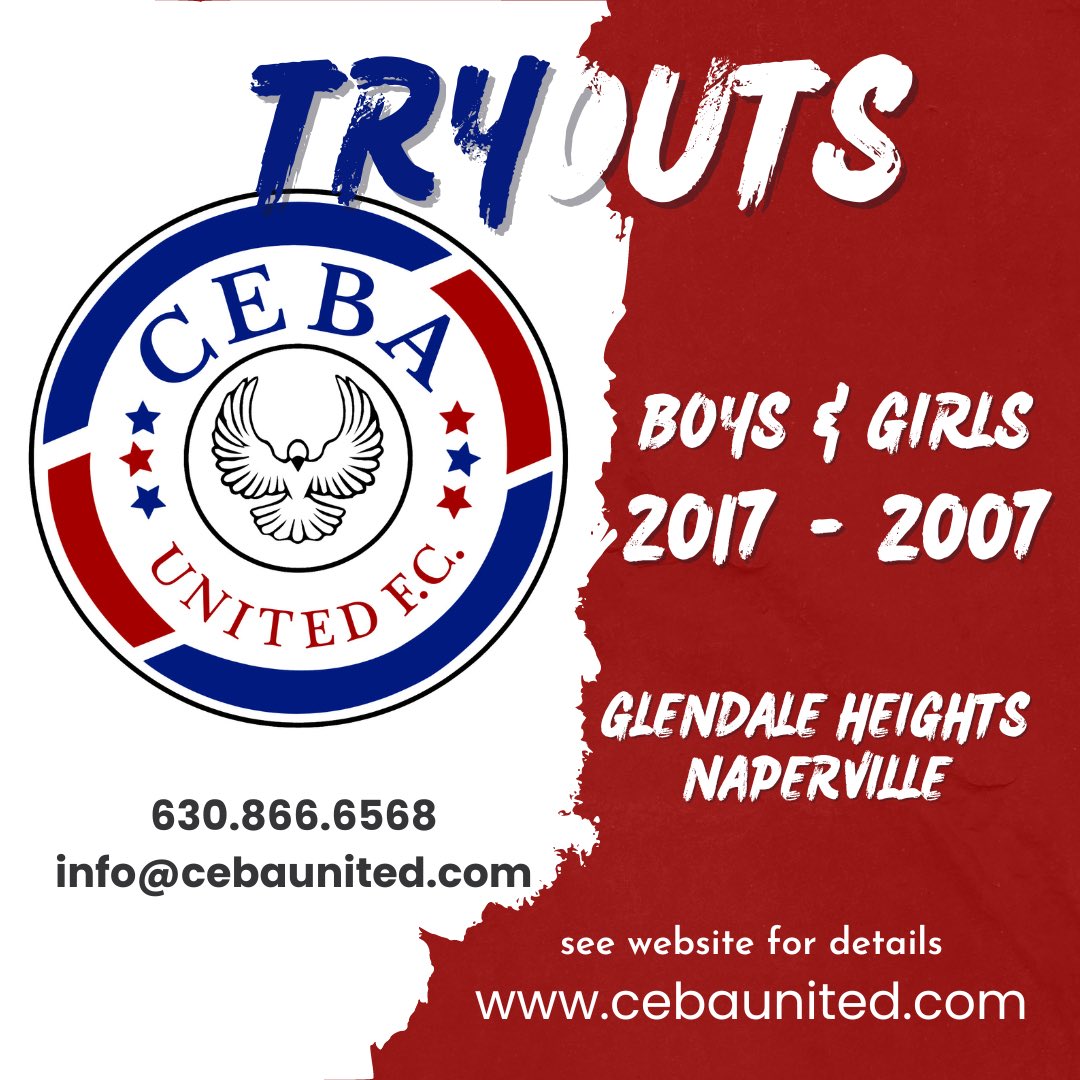 Ceba United FC just announced phase 2: tryouts. Boys and Girls born 2017-2007. Free registration 
Register at cebaunited.com
#glendaleheights #naperville #glenellyn #carolstream #stcharles #addison #chicago