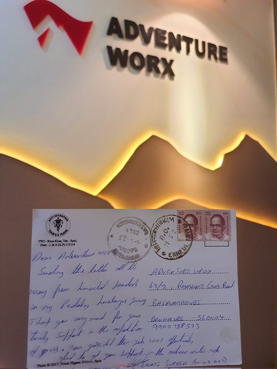 AdventureWorx's tweet photo. There's nothing quite like receiving a handwritten letter from the top of the world. Balaji Suresh & Sundar Yatra cycled to Hikkin Post Office in Himachal, the highest post office in the world & sent us a letter from the top, we were beyond thrilled!
#cyclying #adventureworx https://t.co/DzVoBOfm8C