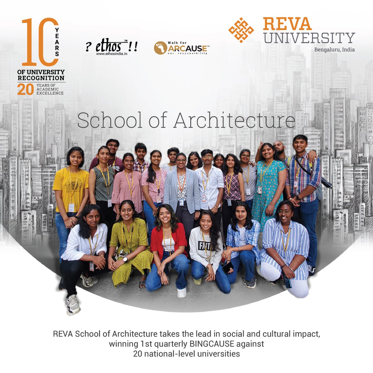 REVAUniversity's tweet photo. Congratulations to the School of Architecture, REVA University for winning the prestigious BINGCAUSE award! Their Arcause Club's socially and culturally relevant activities truly set them apart. #REVAUniversity #SchoolOfArchitecture #BINGCAUSE #ETHOSFoundation #ArcauseClub https://t.co/3p8dnj7bLy