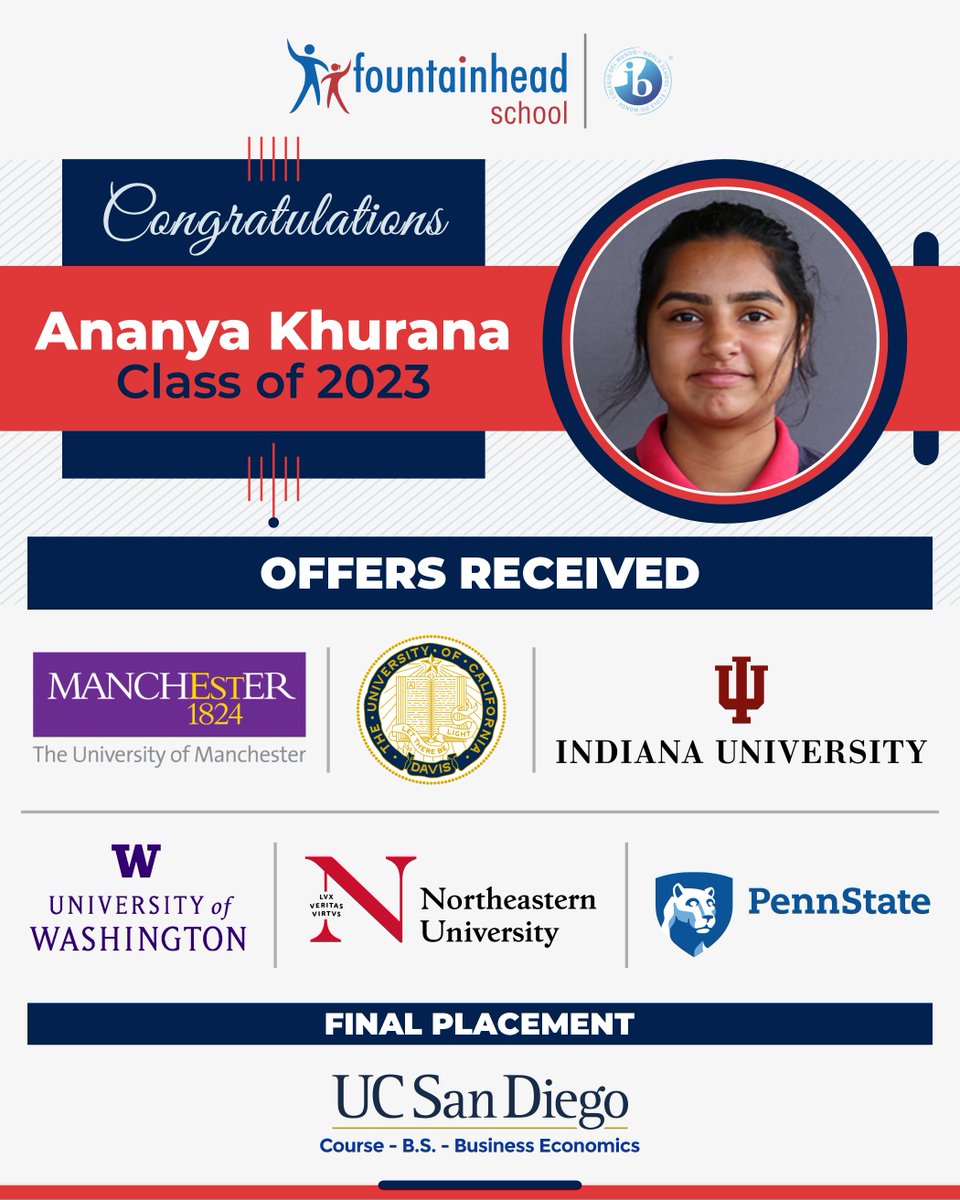 FSSurat's tweet photo. We're happy to announce that Ananya Khurana from the Class of 2023 has received offers from seven universities. She will soon be joining UC San Diego in a Business Economics course.  We wish her all the best!  #StudyAbroad #FSStudents #FSWay #IBDP #FSPride @iborganization https://t.co/YPfr50bI1x