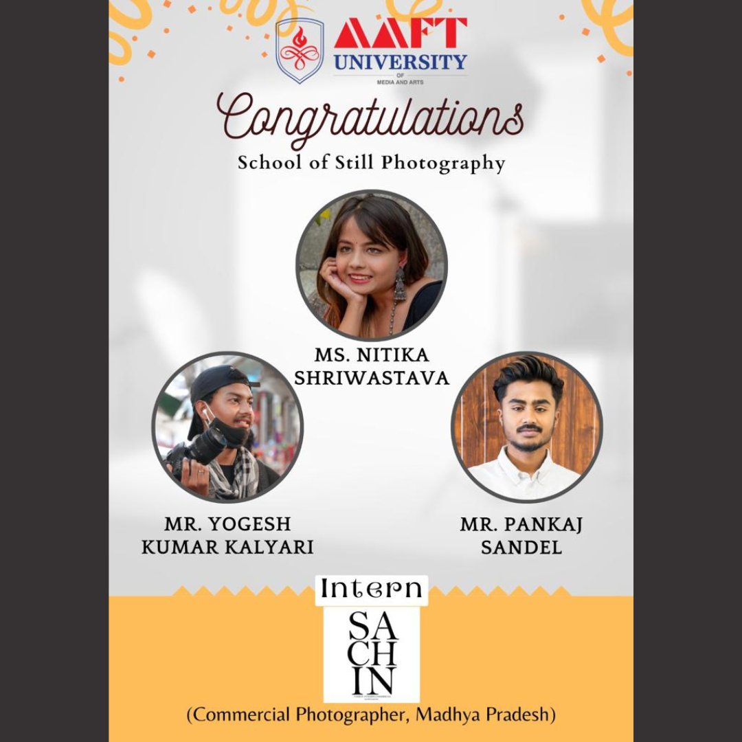 aaftuniversity's tweet photo. School of Still Photography is happy to share that our students are selected as an interns at TheGufta (Fashion Photography, Bengaluru, Karnataka) and Sachin Shinde Gallery (Commercial Photographer, Indore, Madhya Pradesh). We wish them all the best.

#photographyschool https://t.co/xstpWH2yBo
