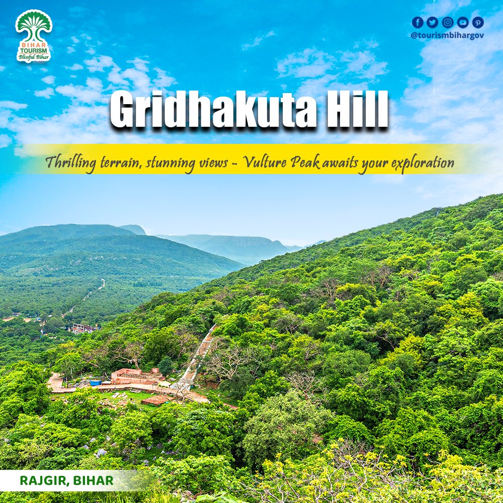 TourismBiharGov's tweet photo. Gridhakuta Hill in #Rajgir is a hidden gem surrounded by lush greenery and tranquil surroundings. Walk around, meditate, and admire the stunning panoramic views at the site where Lord Buddha delivered many important sermons.

#HillsOfBihar @AbhaySinghIAS @yadavtejashwi https://t.co/ZuzsPieZYQ