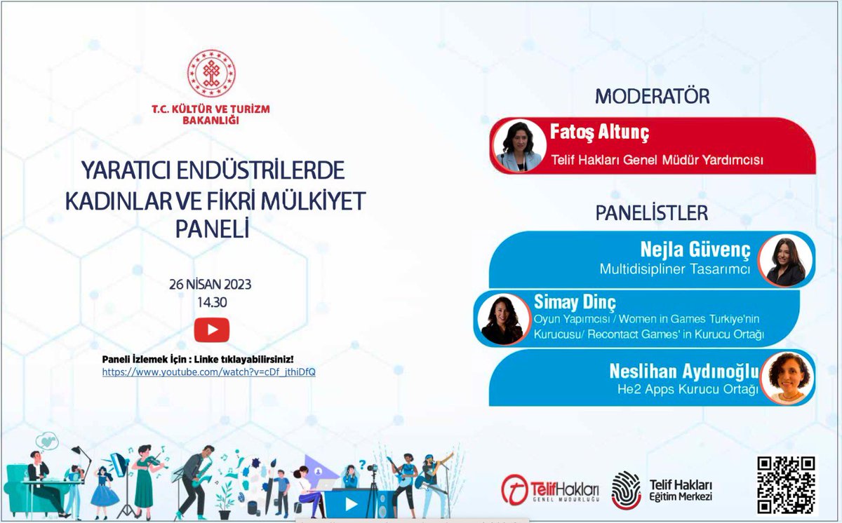 Kültür ve Turizm Bakanlığı Telif Hakları Genel Müdürlüğü, 26 Nisan Dünya Fikri Mülkiyet Günü kapsamında “Yaratıcı Endüstrilerde Kadınlar ve Fikri Mülkiyet Paneli”ne ev sahipliği yapıyor. 
26 Nisan 2023 Çarşamba günü, “Fikri Mülkiyet ve Kadın/ İnovasyonu ve Yaratıcılığı Artırma”+