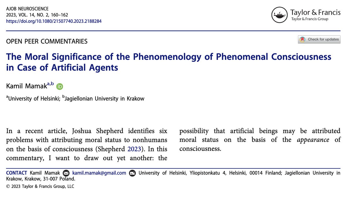 In my new commentary paper in AJOB Neuroscience, I defend the position that the appearance of the pretense of consciousness is enough for moral considerations. It could be wrong to 'mistreat' such an agent in some social contexts. #AIEthics #robotrights doi.org/10.1080/215077…