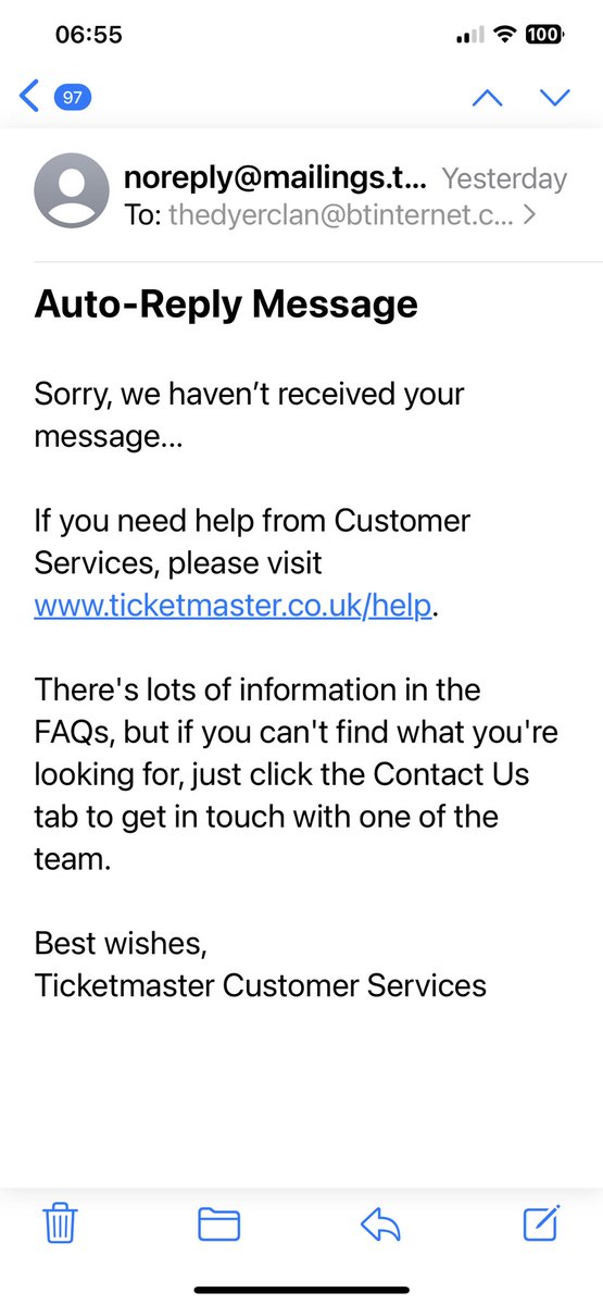 FJillDyer's tweet photo. @TicketmasterCS I would like to complain about the email I received yesterday saying I had been successful in winning a pair of tickets for the coronation concert. This was followed by a bizarre email saying you “ hadn’t received my message” when I hadn’t sent one. https://t.co/JAWyZEBpPa