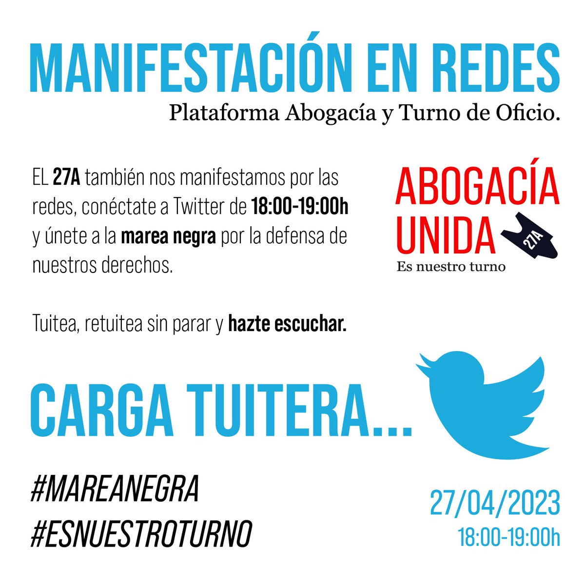 glezguerrero's tweet photo. De 18-19h habrá también manifestación online mañana aquí de toda la #AbogacíaUNIDA. 

Vamos a petar twitter con los Hashtags #EsNuestroTurno y #MareaNegra https://t.co/xozYiTpefC