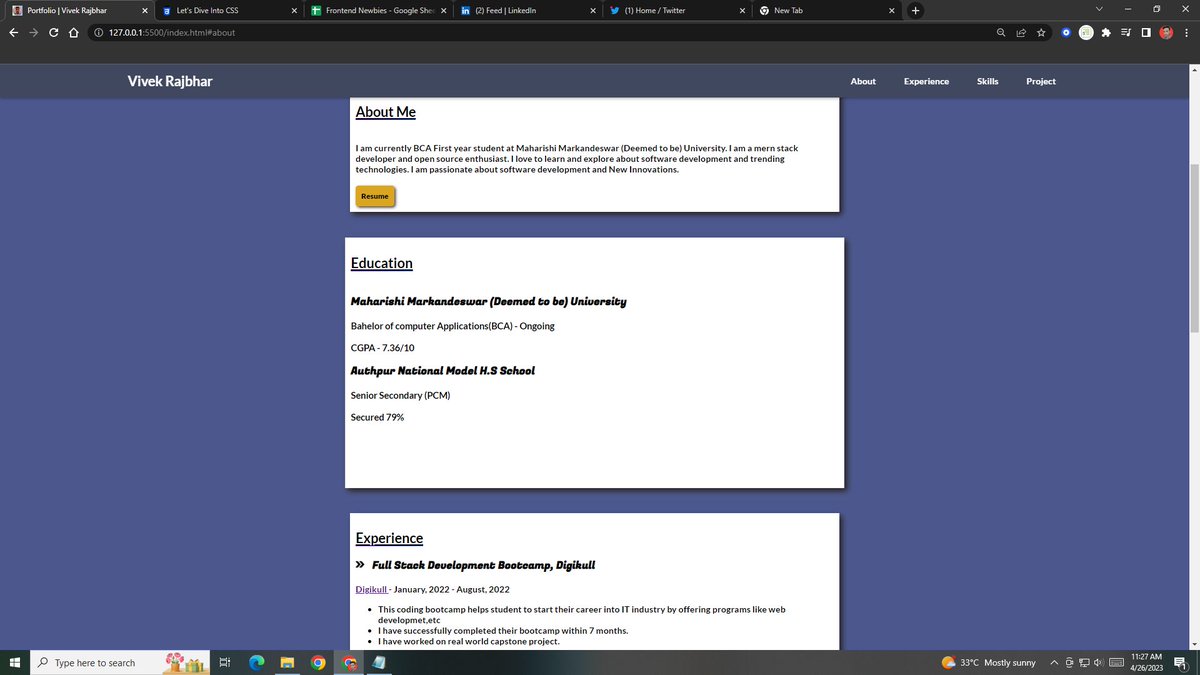 vivekcodr's tweet photo. Hey Connections,
I have completed the first project of frontend development mentorship by 
@vishalraj_1 .
I have created my personal portfolio with the help of html and CSS flexbox.
📍Check live link and source code in next thread. https://t.co/uSsHTU0d5K