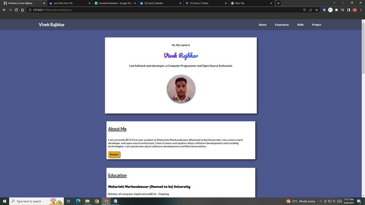 vivekcodr's tweet photo. Hey Connections,
I have completed the first project of frontend development mentorship by 
@vishalraj_1 .
I have created my personal portfolio with the help of html and CSS flexbox.
📍Check live link and source code in next thread. https://t.co/uSsHTU0d5K
