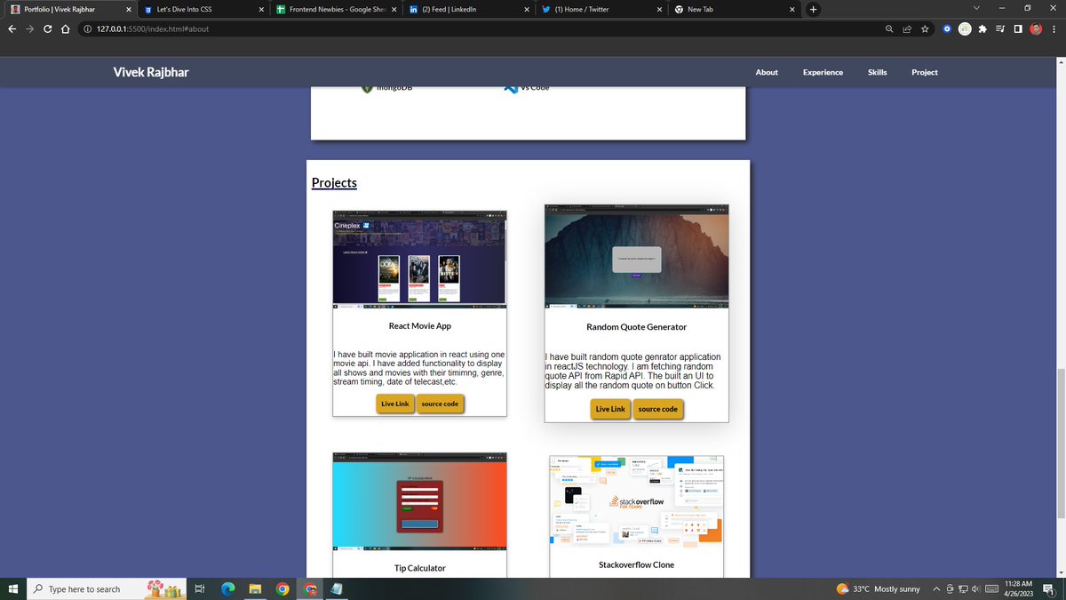 vivekcodr's tweet photo. Hey Connections,
I have completed the first project of frontend development mentorship by 
@vishalraj_1 .
I have created my personal portfolio with the help of html and CSS flexbox.
📍Check live link and source code in next thread. https://t.co/uSsHTU0d5K