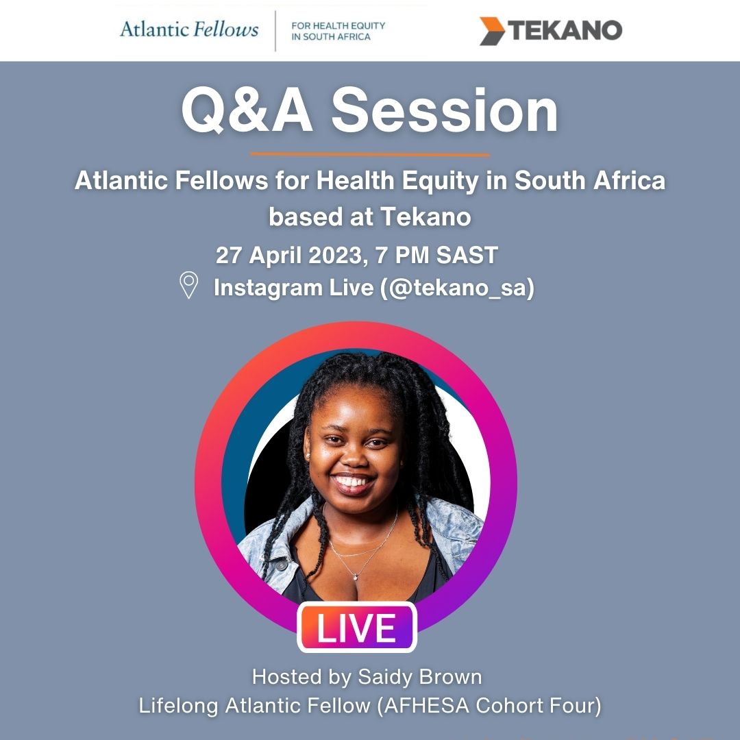 TekanoSA's tweet photo. The deadline to become an #AtlanticFellow is approaching! ⏳

Join our FINAL Q&amp;A session hosted by #AtlanticFellow @saidy_brown, where you can learn how to join us in advancing #HealthEquity in South Africa.

Date: 27 April
Time: 7 PM SAST
Location: Instagram (@tekano_sa) https://t.co/WtH9Yz72Jq