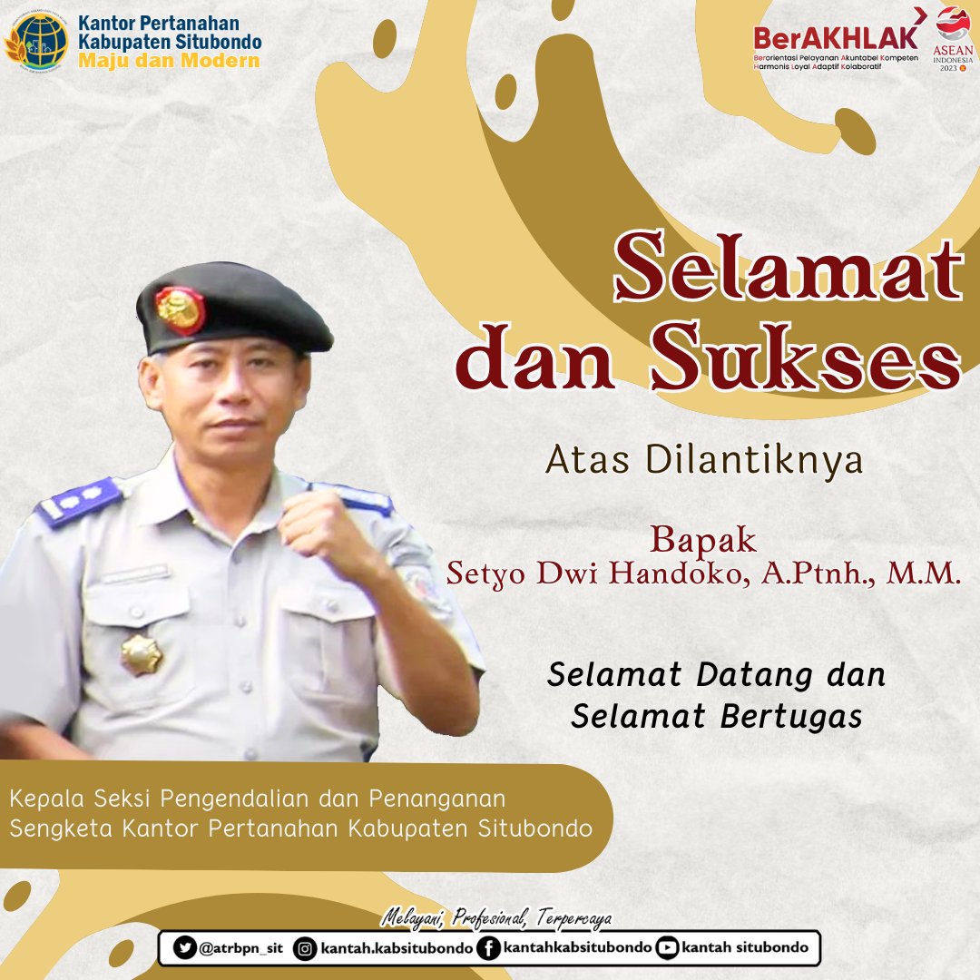 atrbpn_sit's tweet image. Kantor Pertanahan Kabupaten Situbondo mengucapkan Selamat dan Sukses atas dilantiknya Bapak Setyo Dwi Handoko, A.Ptnh., M.M. sebagai Kepala Seksi Pengendalian dan Penanganan Sengketa Kantor Pertanahan Kabupaten Situbondo.

#TuntasdanBangkit
#KantahKabSitubondo