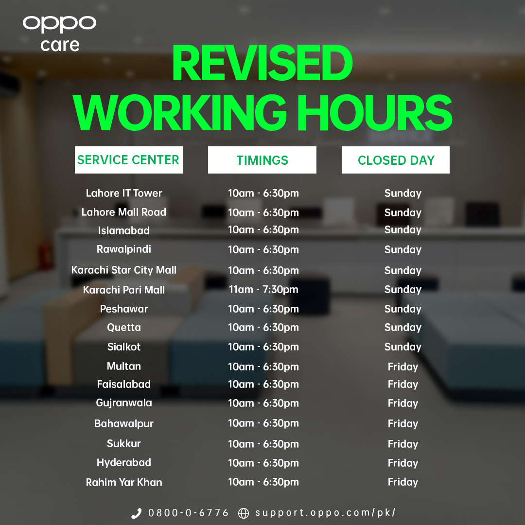 OPPOSupportPK's tweet photo. Dear Customers,
OPPO Service Centers across Pakistan timings are given below.
----
#OPPOCare #OPPOCarePK #OPPOGameOn #OPPOSkills https://t.co/XZsHpkjMhp