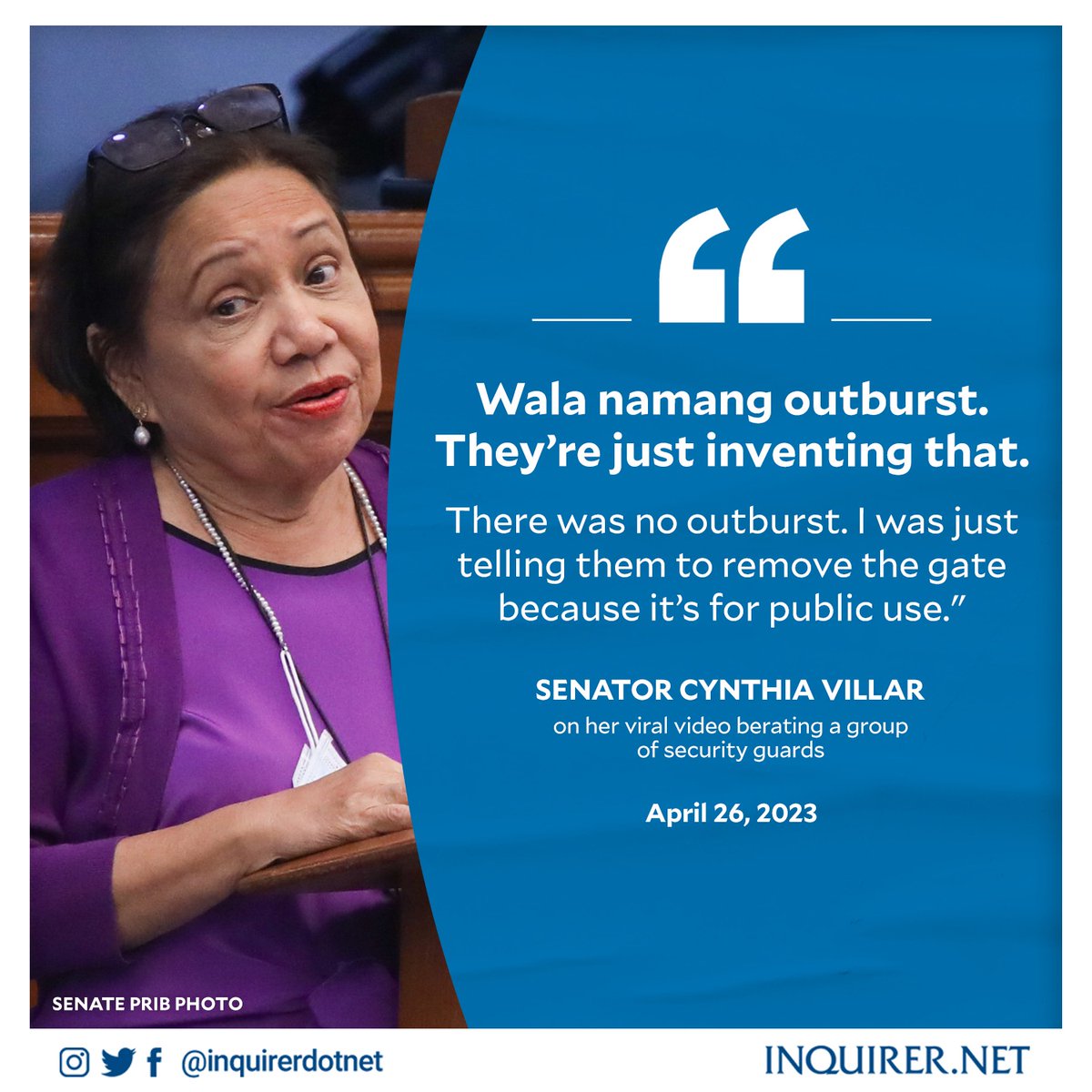 inquirerdotnet's tweet photo. 'THEY'RE JUST INVENTING THAT' 

Senator Cynthia Villar denies that she had an "outburst" following her viral video berating a group of security guards for putting metal barriers on a road in Las Piñas City. 

READ: https://t.co/KISCaQHQaq https://t.co/yL09WoK6SA