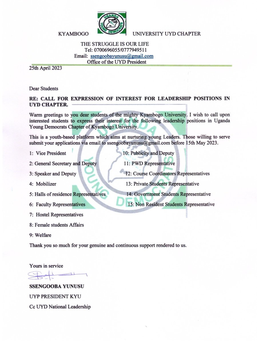 Ssengoobayunus1's tweet photo. Dear beloved students of Kyambogo University,I call upon you to take up leadership positions in the UYD Chapter Kyambogo University. The Struggle is Our Life
#Naturing Young Leaders
@UYDOfficial @UYDKYU @UydMubs @KiiryaIsmail @AshabaZion @AgrippaByayesu https://t.co/GKBjAmytKg