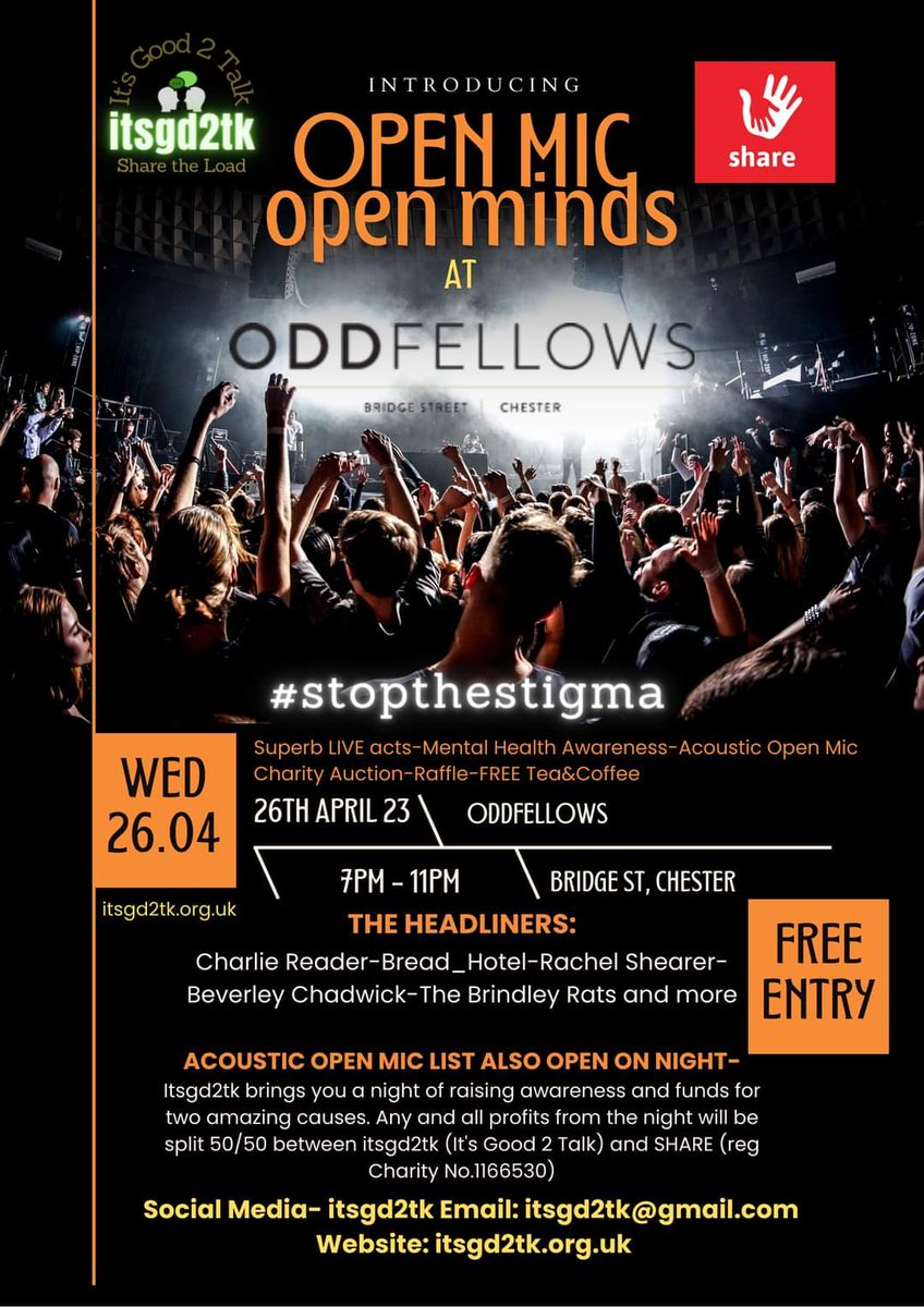 Tonight from 7pm to 11pm.

See you then. 💚🌏
#stopthestigma #itsgood2talk #itsgd2tk #openmicnight #openmicopenminds #charityopenmic #oddfellows #ShareShop #mentalhealthawareness #charityauction