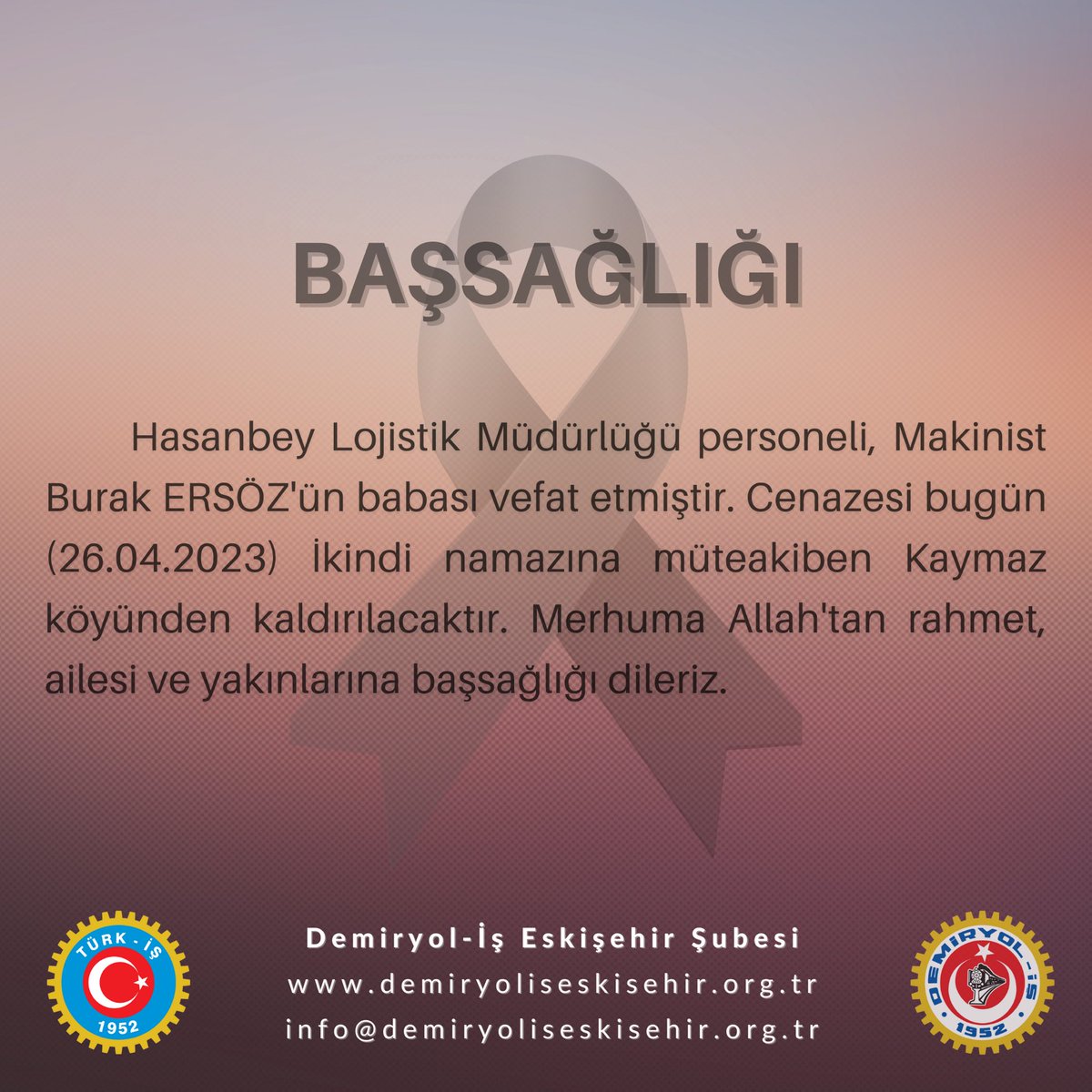 demiryolis26's tweet photo. Hasanbey Lojistik Müdürlüğü personeli, Makinist Burak ERSÖZ'ün babası vefat etmiştir. Cenazesi bugün (26.04.2023) İkindi namazına müteakiben Kaymaz köyünden kaldırılacaktır. Merhuma Allah'tan rahmet, ailesi ve yakınlarına başsağlığı dileriz. https://t.co/eqDiMoHE9r