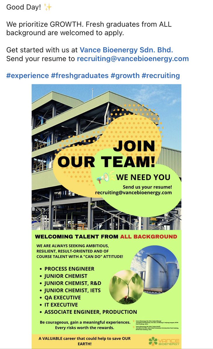 getmehired_io's tweet photo. ❕ Vance Bioenergy is HIRING  ❕

📌 Various position

🎓 Calling all fresh graduates 

✅ Apply now: https://t.co/EaFXf9pAiD https://t.co/WaVBJQyjhK