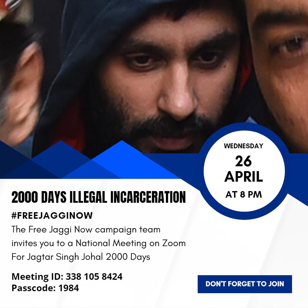 SikhPA's tweet photo. * JAGGI REACHES 2000 DAYS IMPRISONED *

Today is British Sikh political prisoner Jagtar Singh Johal 2000th day imprisoned in India without being convicted of a crime. Many believe the Scot has been incarcerated to stop his work covering India's human rights abuses.

#FreeJaggiNow https://t.co/hknrjDnip5