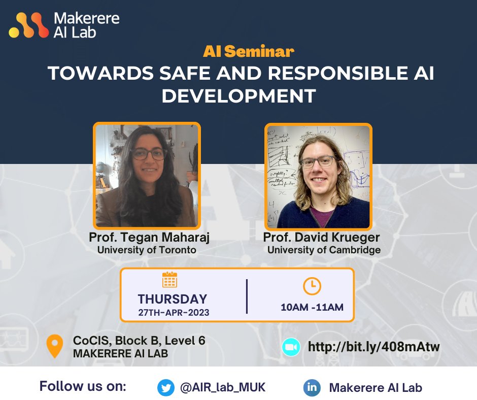 AIR_lab_MUK's tweet photo. As the use of AI continues to expand, it's crucial that we prioritize safety and responsibility. 

Join us this week as we host Professors @DavidSKrueger and @tegan_maharaj, who will share best practices for developing AI systems that are safe and responsible. 

See you there! https://t.co/IiSQ6BsSKa