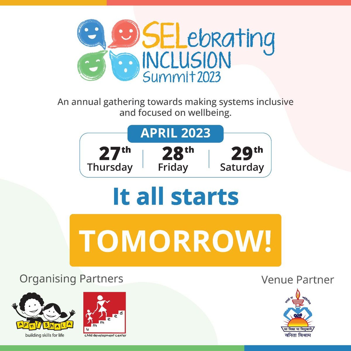UmmeedCDC's tweet image. Excited to see you soon.
1 day to go, register now for online participation for the SELebrating inclusion Summit 2023.

Visit apnishala.org/sis  to know all about the SELebrating Inclusion Summit 2023 and register to be a part of the gathering.
