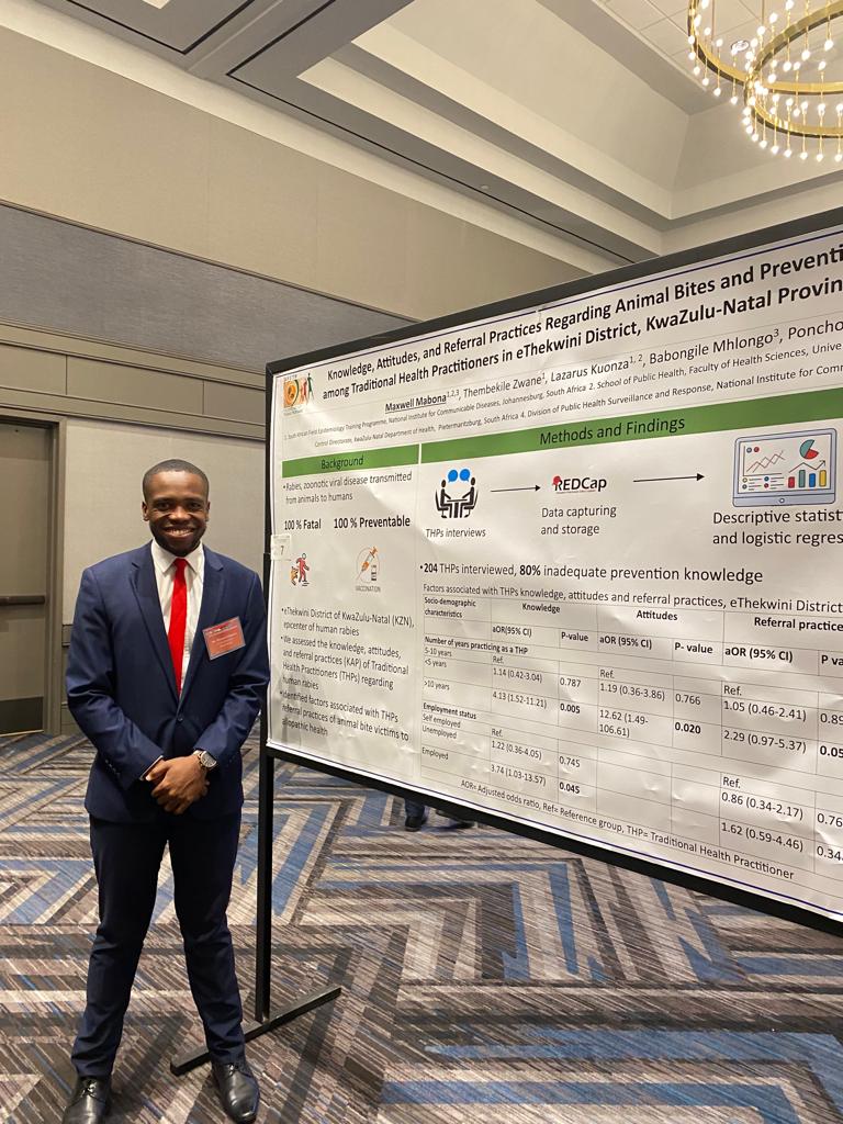 SA_FETP's tweet photo. Congratulations to our graduate Maxwell Mabona, who presented his oral poster at the FETP International Nights 2023! The poster summarises KAP findings about animal bites and human rabies prevention among traditional health practitioners. https://t.co/Y9w4G4jxEJ