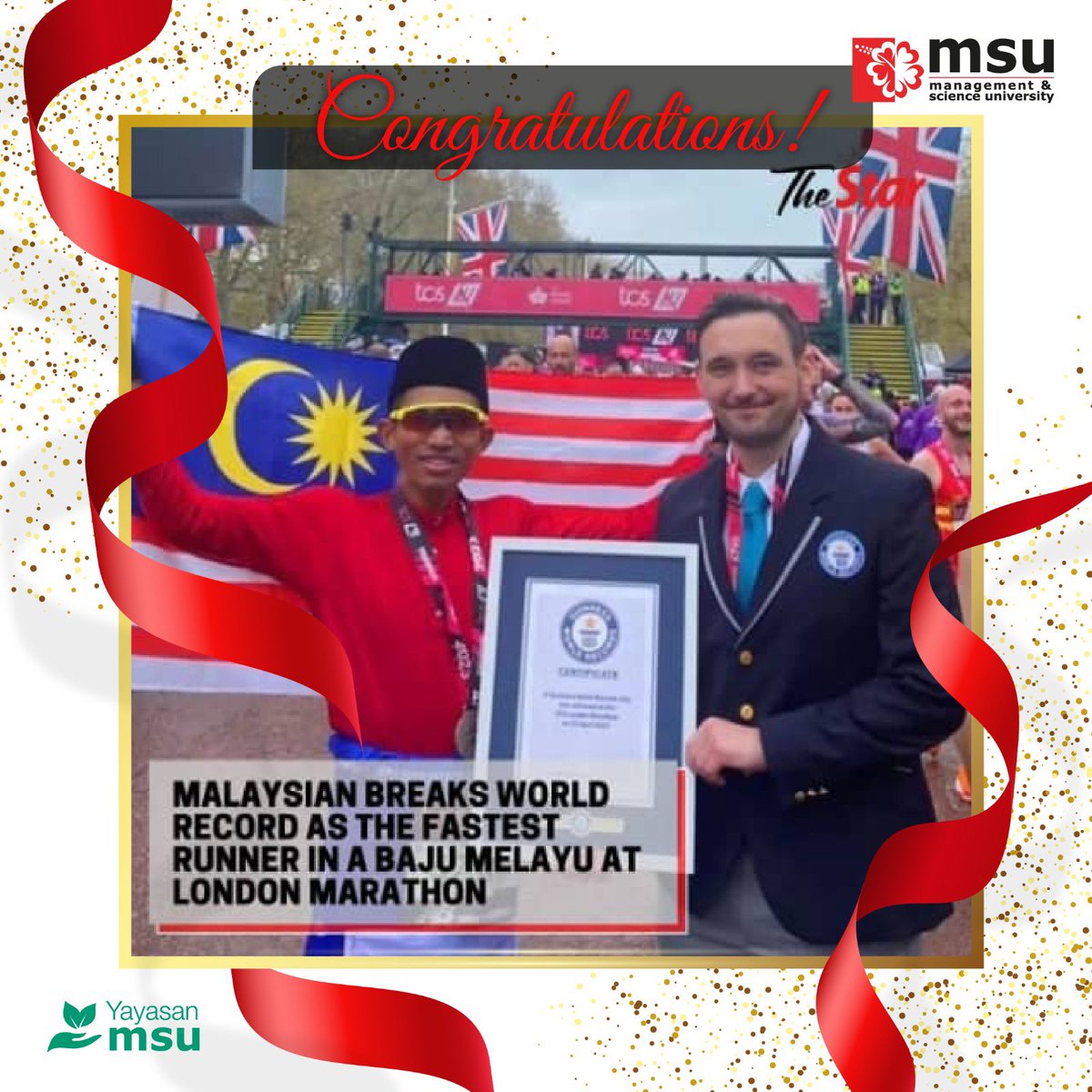 MohdShukriYajid's tweet photo. Congrats to Mohd Syahidan Alias @edansyah_ our @YayasanMSU scholar, for making history at the London Marathon and setting a new Guiness World Record for fastest marathoner in traditional Baju Melayu. Very proud of you! @MSUMalaysia #MSUperstar https://t.co/PpJmCum89x