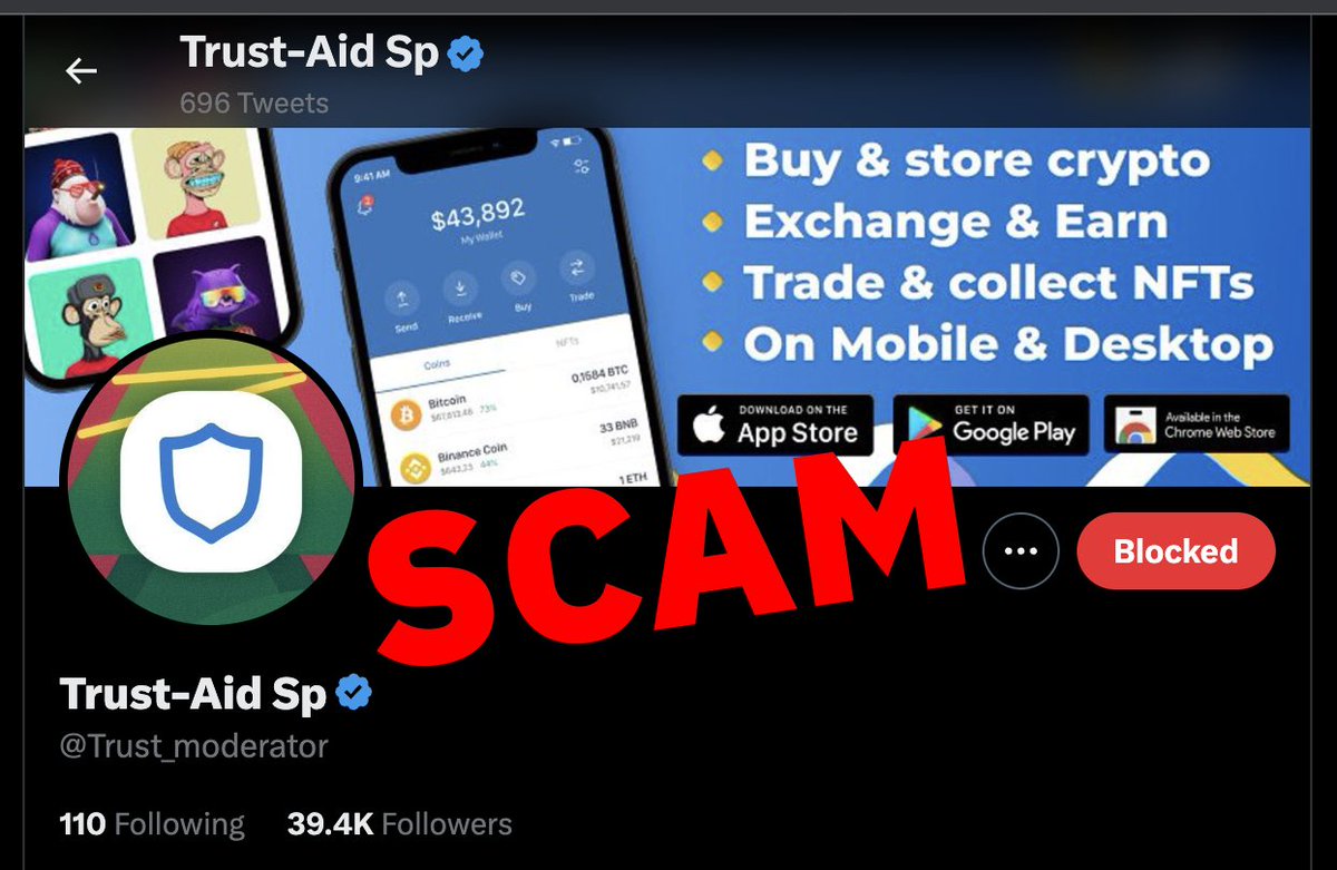 TrustWallet's tweet photo. Remember... scammers will go as far as to pay for the Blue Tick verification badge.

Be careful, make sure that you only interact with our GOLD Tick verified organisation channels. 

Here's an example of a scam account below👇 https://t.co/4QFEGhlAIf