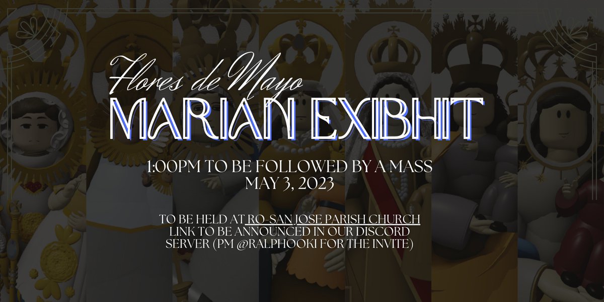 RalphSilv9's tweet photo. FLORES DE MAYO 2023 SCHEDULES

We encourage everyone to join in our Virtual Celebration of Flores de Maria 2023 this coming May. Join our server to be updated >https://t.co/WWux6nMkoE

Schedule of events bellow may change; For entries PM @Ralphooki#0449 (Discord), Thank you https://t.co/ZSTWHrdXmz