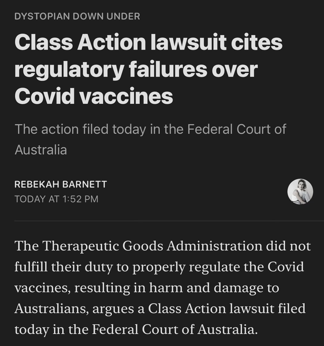 JUST IN: 'Class Action lawsuit cites regulatory failures over Covid vaccines'

The TGA did not fulfill their duty to properly regulate the Covid vaccines, resulting in harm to Australians, argues the action, filed today in the Federal Court of Australia.

rebekahbarnett.substack.com/p/class-action…