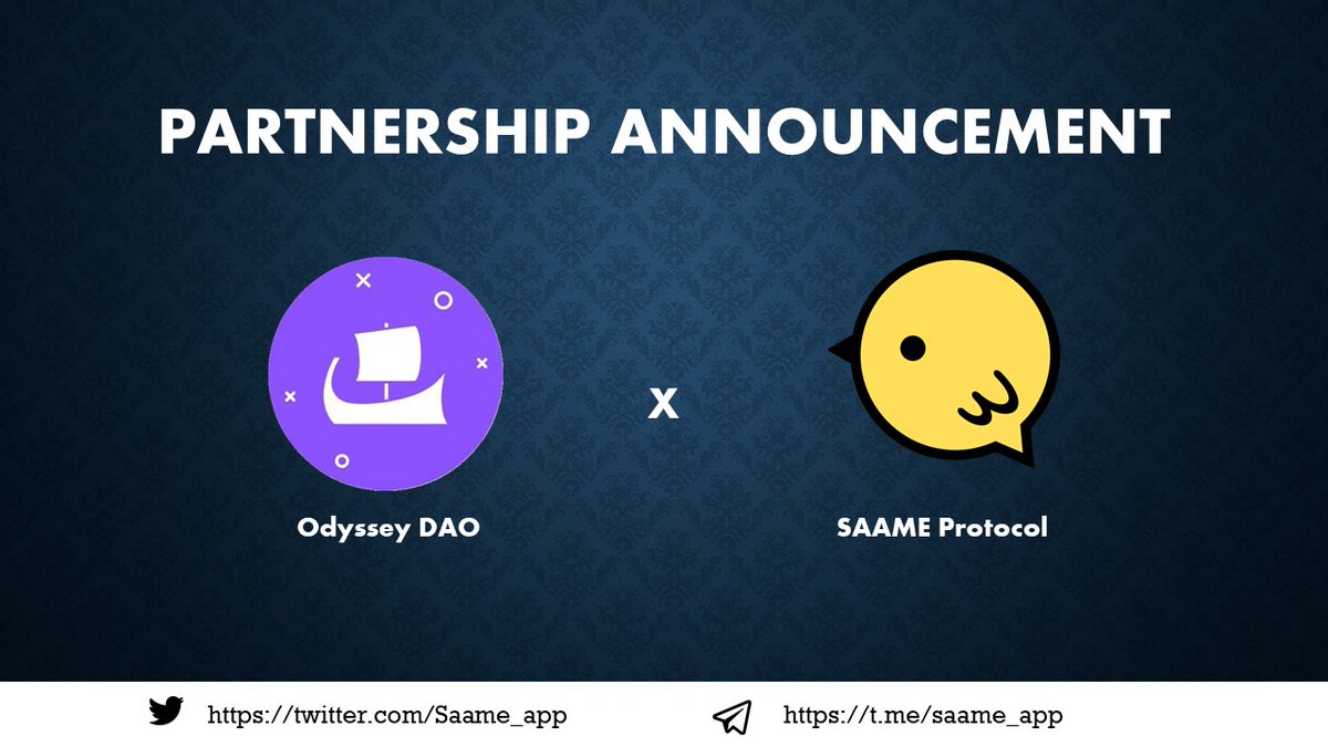 🚀Thrilled to announce our #partnership with 
@odyssey3dao,a crypto-native community to rally digital citizens BUIDL metaverse of the people, by the people, and for the people
💪Let's build together

👇JoinUS
app.questn.com/quest/76538113…

#Airdrop 800SEXP&amp;5NFTPassWL
#OdysseyDAO #Saame
