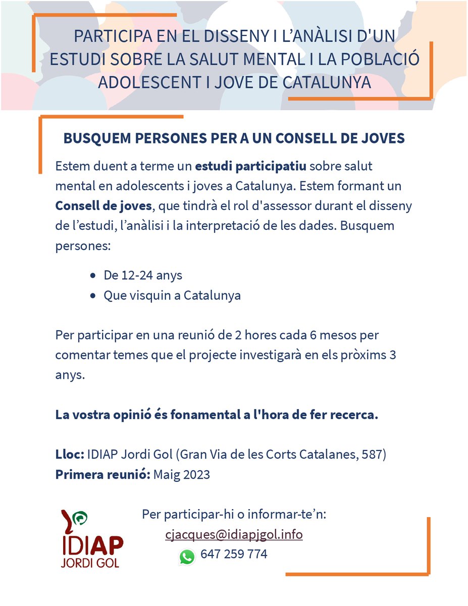 T'interessa la salut mental? Tens entre 12-24 anys? 
📣Participa en el nostre consell de joves! Col·laboraràs en el disseny de l'estudi, l'anàlisi i la interpretació de dades d'un projecte científic. 
Anima't a participar-hi!