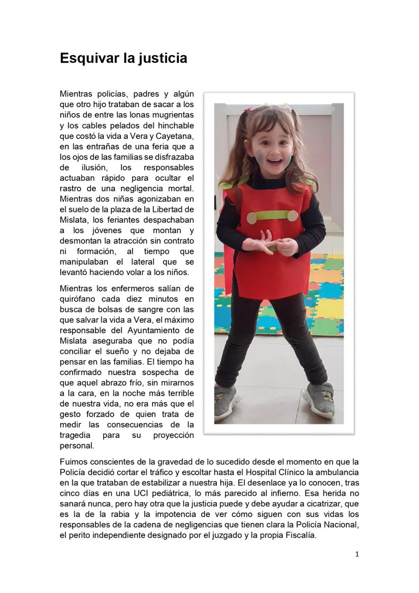 EvaRozG's tweet photo. A nuestra hija le arrebataron la vida en la feria de @AjMislata. Tras más de un año de instrucción, los responsables de la cadena de negligencias siguen con sus vidas como si nada. Por favor, ayudadnos a difundir nuestro caso para QUE NADIE ESQUIVE LA JUSTICIA #SonrisaVera 👇 https://t.co/1wvNKJEShe