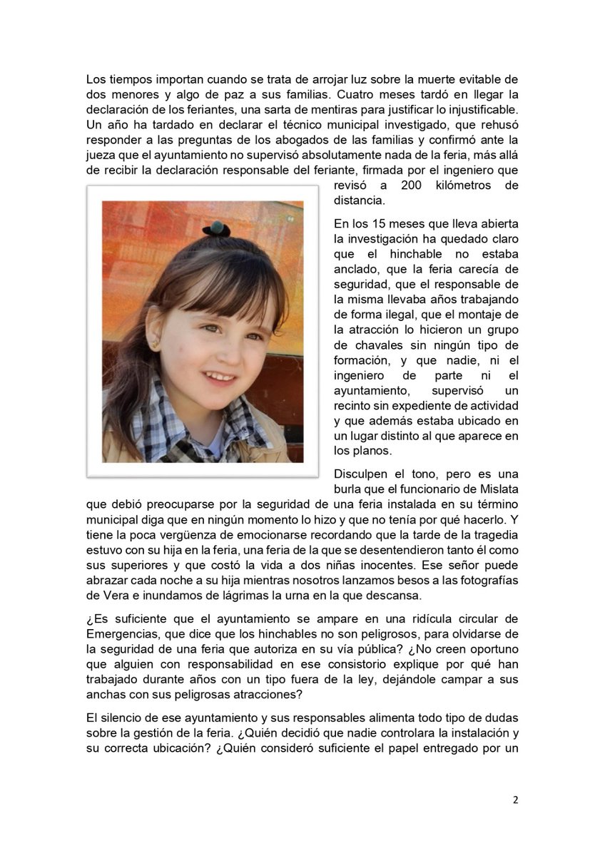 EvaRozG's tweet photo. A nuestra hija le arrebataron la vida en la feria de @AjMislata. Tras más de un año de instrucción, los responsables de la cadena de negligencias siguen con sus vidas como si nada. Por favor, ayudadnos a difundir nuestro caso para QUE NADIE ESQUIVE LA JUSTICIA #SonrisaVera 👇 https://t.co/1wvNKJEShe