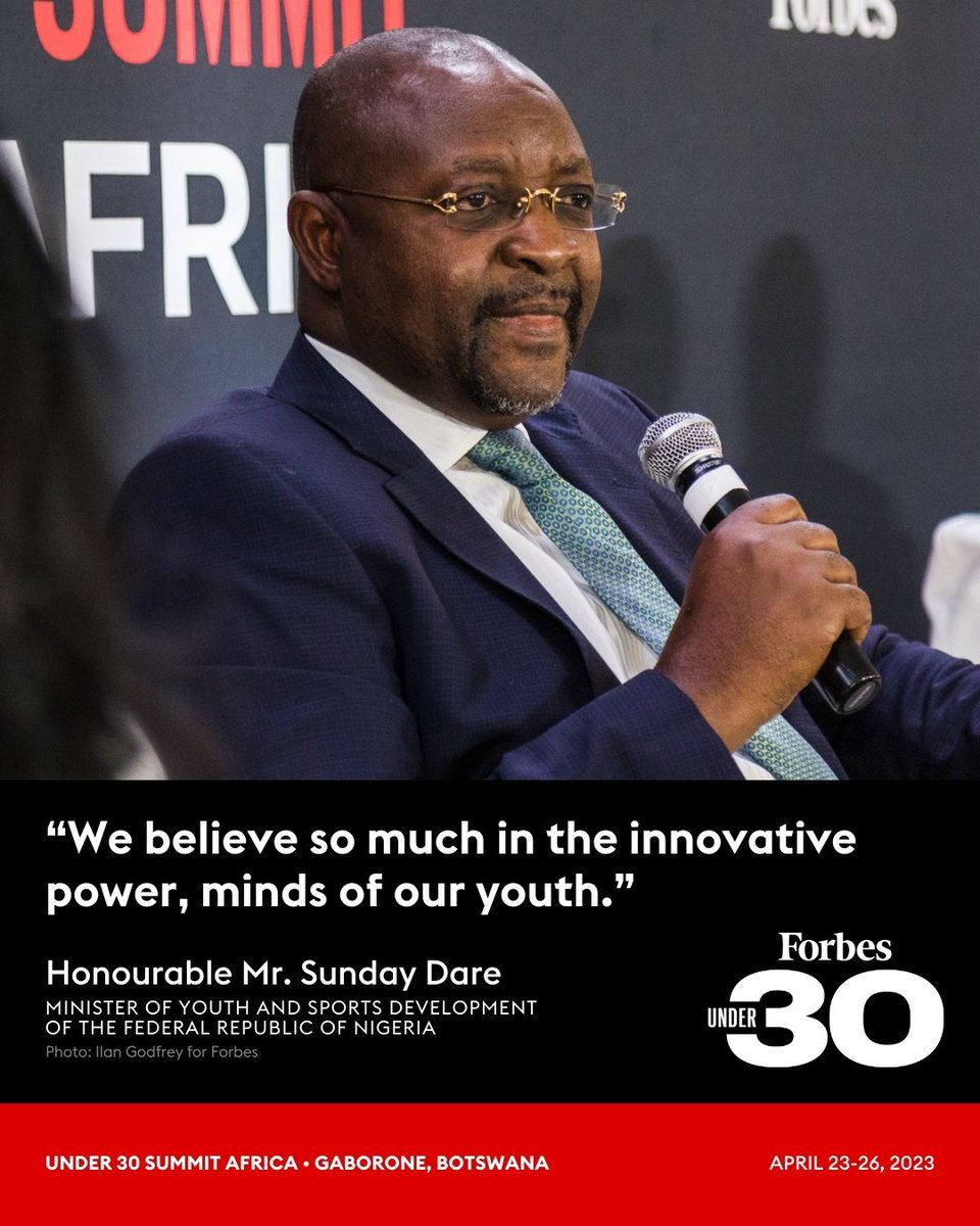'We believe so much in the innovative power,minds of our youth.'

HM @SundayDareSD,minister of youth and sports development of the Federal Republic of 🇳🇬,spoke about the next big moves for rising African nations at the Forbes #Under30Africa Summit.  

Cc @GbengaGOLD @deji_atte