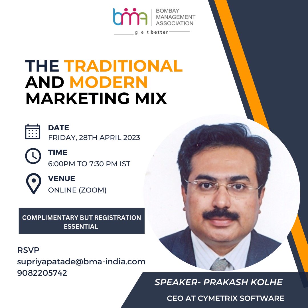 📣 Attention marketers! Join us on April 28 at 6 PM IST for an insightful session on old and modern marketing mix with CEO Prakash Kolhe from <a href="/cymetrix_soft/">Cymetrix Software</a>. Learn about targeted marketing and optimization techniques. 
RSVP at lnkd.in/dA5ETHA3. #MarketingMix