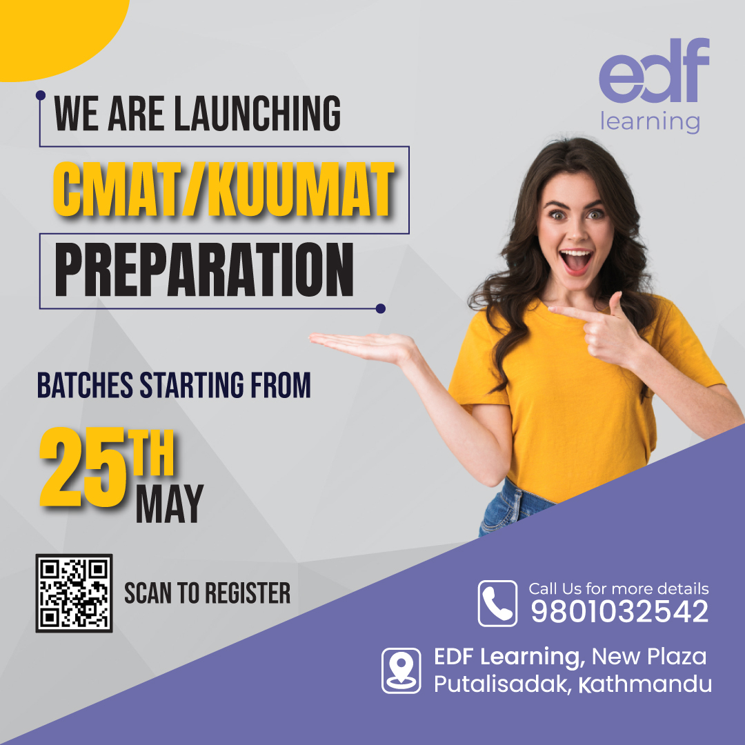 Enroll With EDF Learning and Grab Your Key To Success in The Career of Management!
⭐️Book a personalized counseling session for KUUMAT & CMAT!👍✅Register for Free: forms.gle/gv5xNGWAoMsqQp… 
Batches will Start On May 25th#studyinnepal #KUUMATprep #CMATprep #edflearning