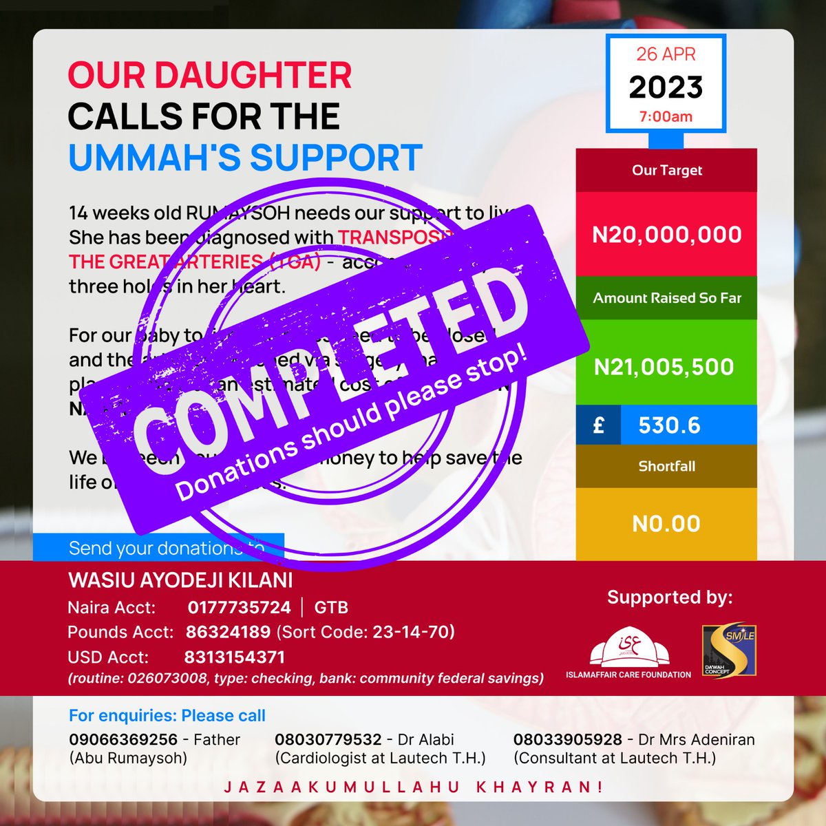 bintShuayb's tweet photo. *TARGET REACHED AND EVEN MORE* 

Achieving a whopping N20 million plus in three days is a great feat. You came through and renewed our hope for humanity. We say thank you from the deepest part of our minds. https://t.co/ffxT90SJ0a