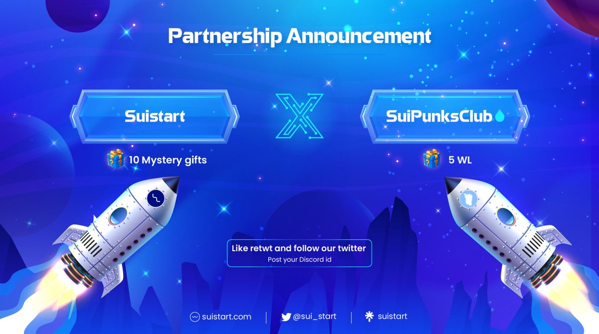Sui_start's tweet photo. ✨ GIVEAWAY ALERT ✨ 
We're excited to announce our collaboration with @SuiPunksClub

To celebrate, we're giving away 10 mystery gifts 🎁 from @Sui_start and 5 WL spots 📃 from @SuiPunksClub
:
🤜 Like, retweet and follow our Twitter. 
🤜 Join Suistart zealy (https://t.co/vSOF9xQ6yQ) and finish 1 task 
🤜 Post your Discord id.    

The Winners will be chosen at random using Twitter picker after 48 hours. Good luck !   
#Suistart #SUIS #SuiPunksClub #Sui #Moveecosystem #giveaway #SuiEcosystem