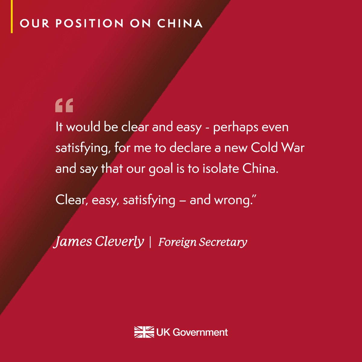 At Mansion House yesterday evening, Foreign Secretary <a href="/JamesCleverly/">James Cleverly🇬🇧</a> set out the UK’s approach to China.

It is not one that can be reduced to a single soundbite.

🧵⬇️