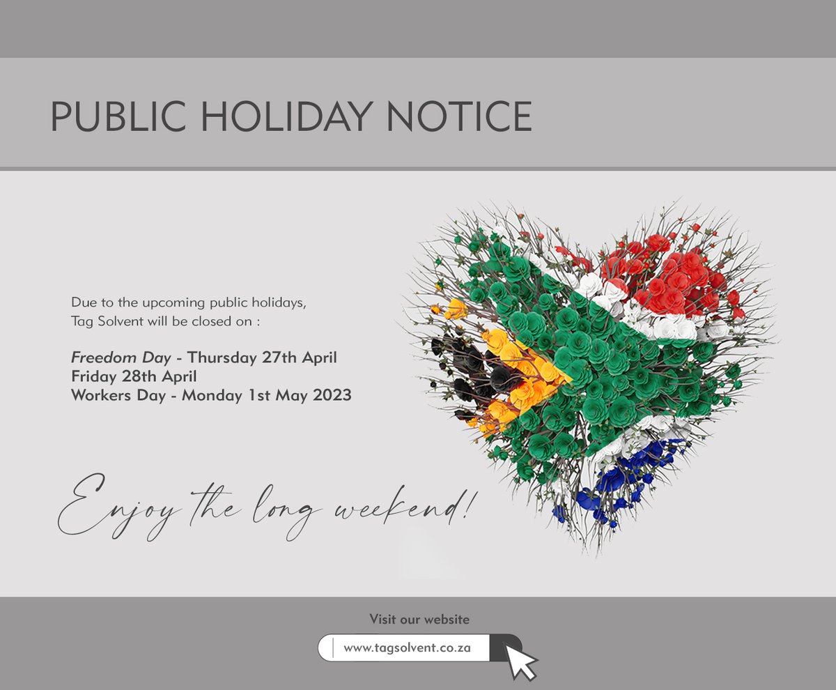 tag_pty's tweet photo. Enjoy the long weekend!
Please note : Due to the upcoming public holidays, Tag Solvent will be closed on :
Thursday 27th April, Friday 28th April and Monday 1st May 2023.
Our offices will close at 15h00 on Wednesday 26th April and will reopen at 08h00 on Tuesday 2nd May 2023. https://t.co/bzWsWt7ZRP
