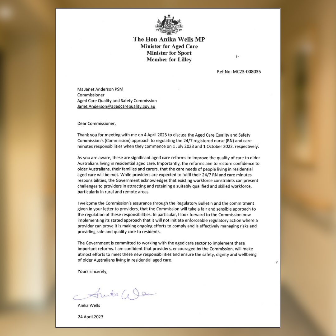 Anika Wells MP (@anikawells) on Twitter photo The Albanese Government is working with the aged care sector to improve the quality of care for older people.
I recently met the independent <a href="/AgedCareQuality/">Aged Care Quality and Safety Commission</a> to seek assurances about how they’ll be regulating 24/7 nursing and care minutes. The Albanese Government is working with the aged care sector to improve the quality of care for older people.
I recently met the independent <a href="/AgedCareQuality/">Aged Care Quality and Safety Commission</a> to seek assurances about how they’ll be regulating 24/7 nursing and care minutes.