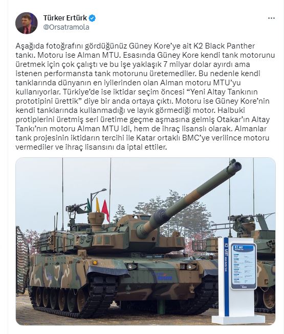 23 DERECE (@yirmiucderece) on Twitter photo Emekli Amiral Türker Ertürk ( <a href="/Orsatramola/">Türker Ertürk</a> ): ''Türkiye’de iktidar seçim öncesi 'Yeni Altay Tankının prototipini ürettik' diye bir anda ortaya çıktı. Motoru ise Güney Kore’nin kendi tanklarında kullanmadığı ve layık görmediği motor. Almanlar tank projesinin iktidarın tercihi ile Emekli Amiral Türker Ertürk ( <a href="/Orsatramola/">Türker Ertürk</a> ): ''Türkiye’de iktidar seçim öncesi 'Yeni Altay Tankının prototipini ürettik' diye bir anda ortaya çıktı. Motoru ise Güney Kore’nin kendi tanklarında kullanmadığı ve layık görmediği motor. Almanlar tank projesinin iktidarın tercihi ile